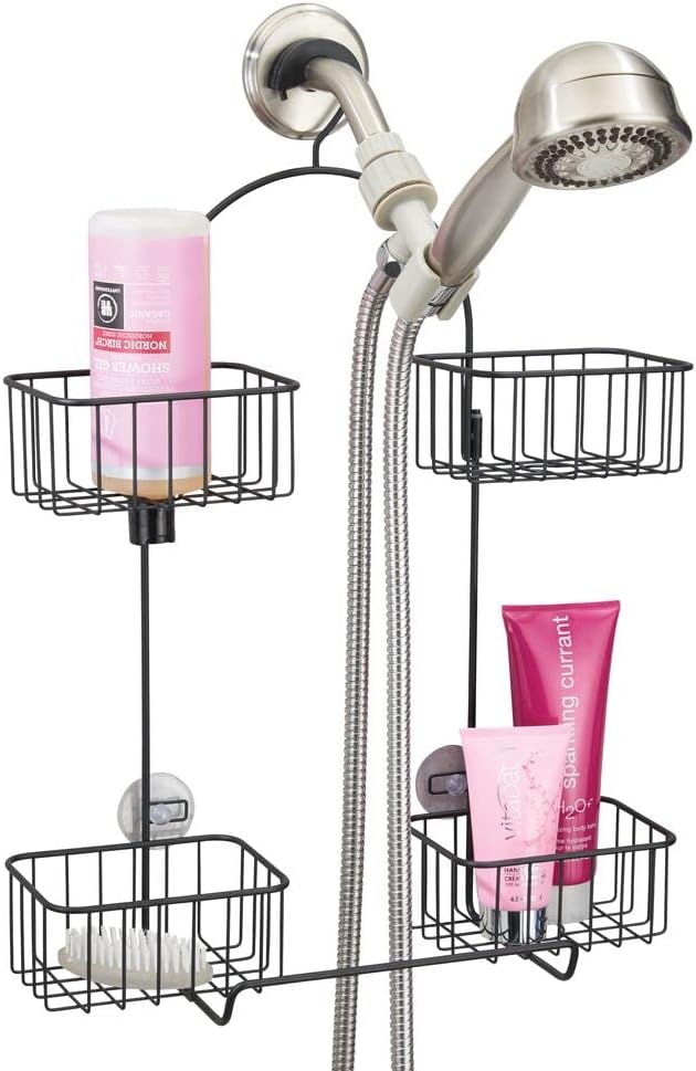 mDesign Metal Hanging Bath and Shower Caddy Organizer for Hand Held Shower Head and Hose - Storage for Shampoo, Conditioner, Hand Soap - 4 Shelf Format - Matte Black