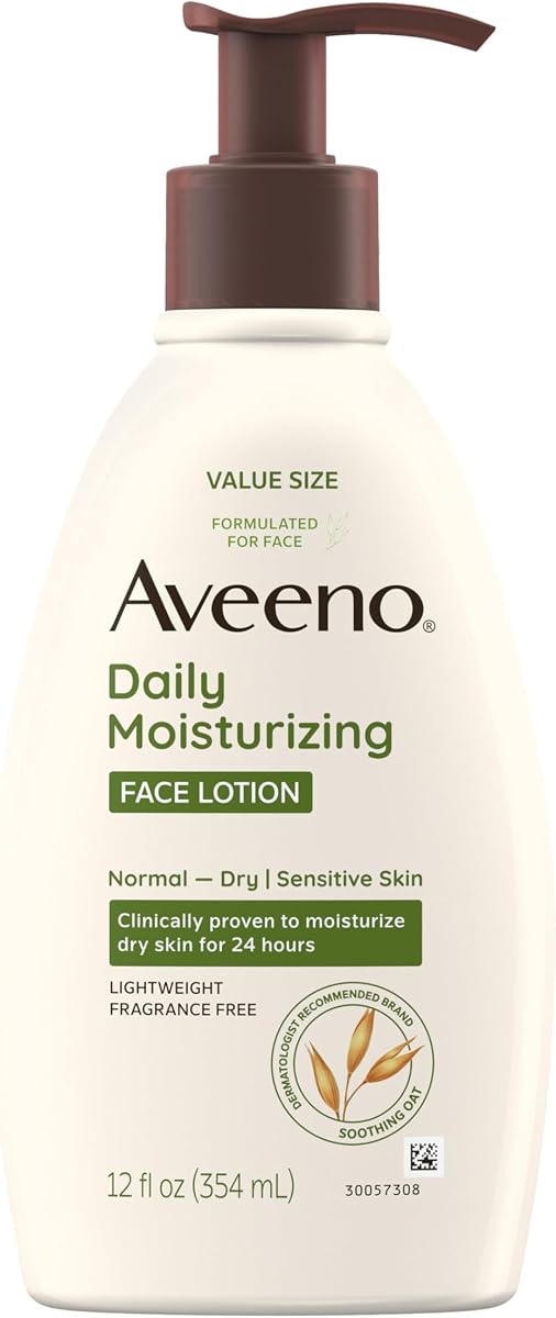 Loción facial hidratante diaria, sin fragancia, 12 fl. onzas | Loción facial suave con avena prebiótica calmante, nutre la piel normal a seca, adecuada para pieles sensibles