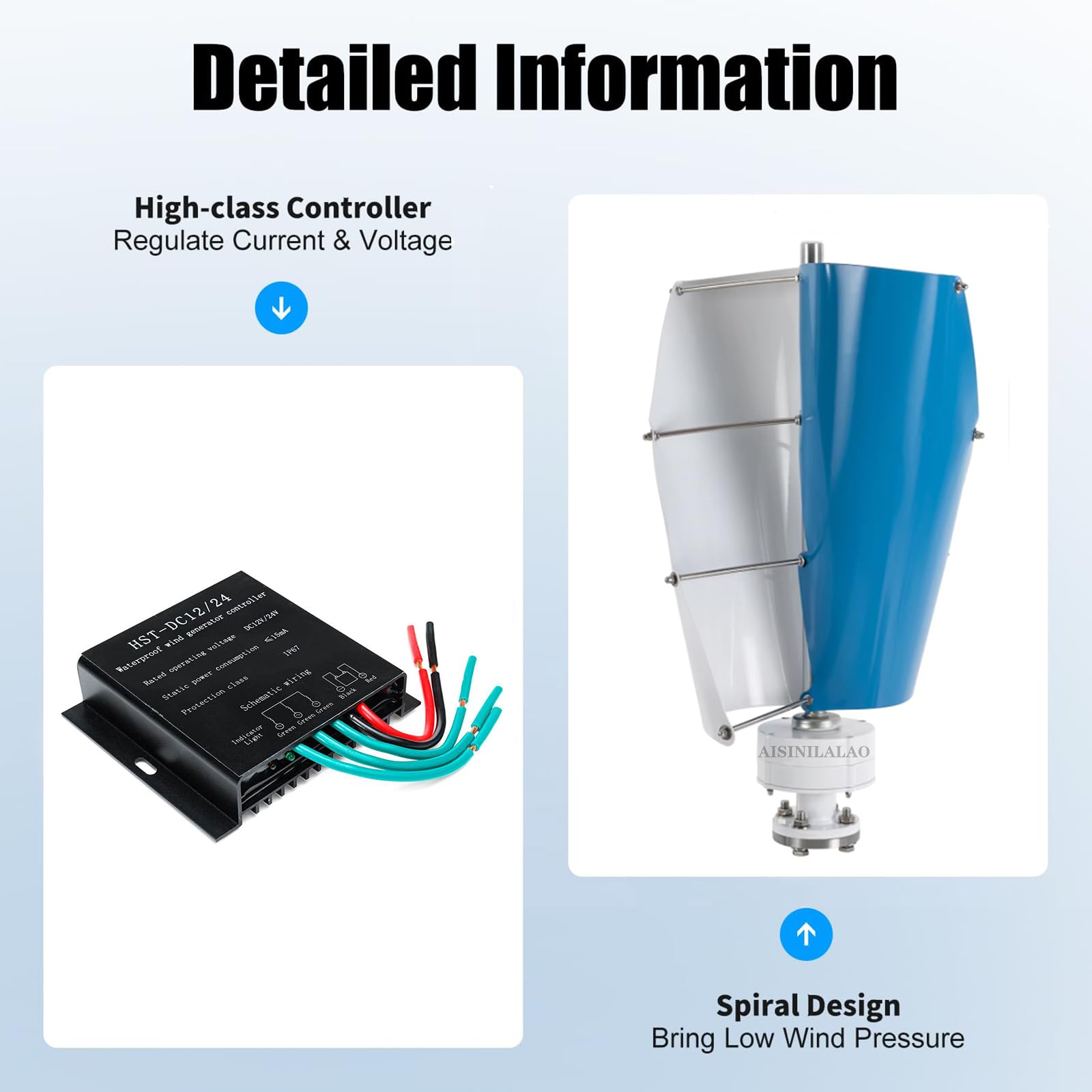 Kit De Générateur D'éolienne Domestique À Faible Bruit De 800W, Éolienne De Puissance 12V 24V 48V, Kit D'éolienne AC en Alliage D'aluminium À 2 Pales avec Contrôleur Mppt IP67