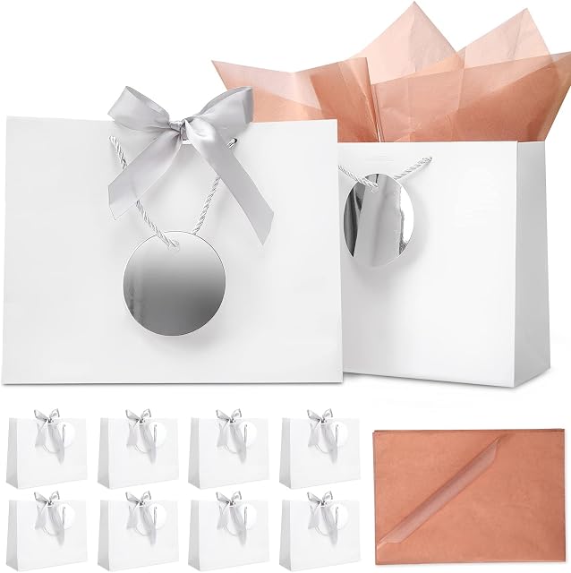 HAUSPROFI White Paper Bags with Silver Bow Ribbon Round Gift Tag Tissue Paper, Paper Bags with Handles for Weddings, Birthday, Party, Celebration, Christmas, 32 X 25 X 11 cm (Pack of 8)