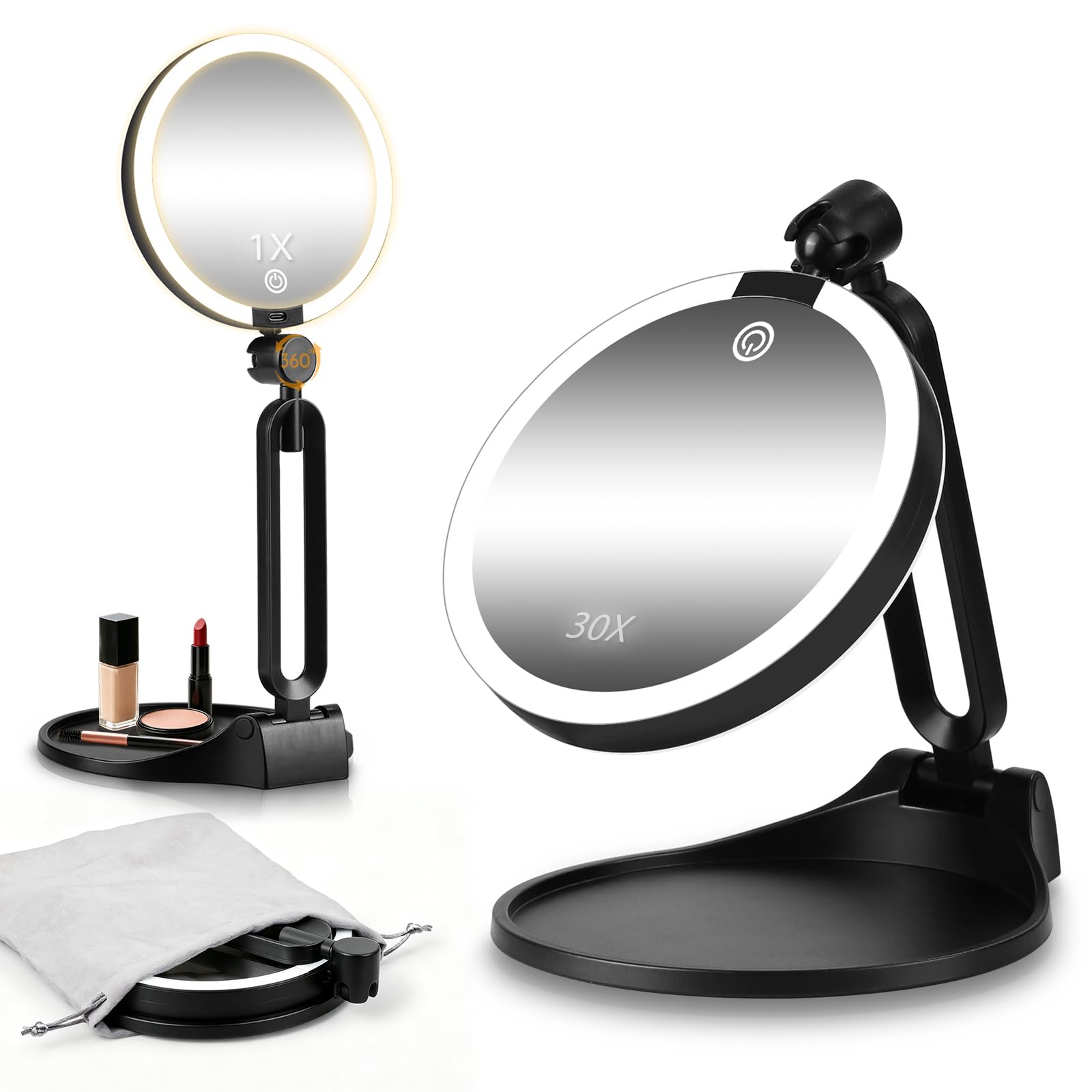 Espejo de maquillaje de viaje con luces, espejos de tocador iluminados portátiles de 6 pulgadas para escritorio/viajes, espejo LED de atenuación de doble cara 1X+30X con soporte plegable ajustable