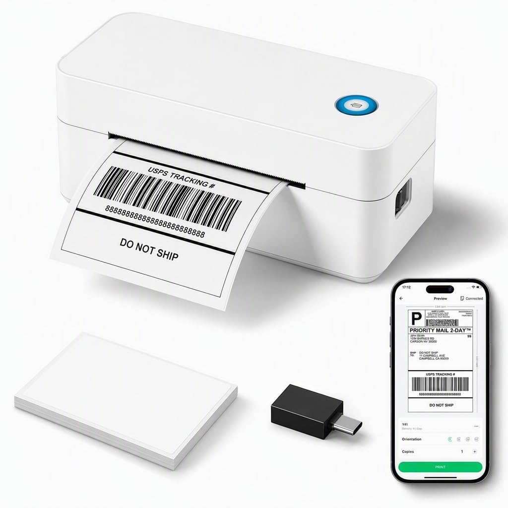 Stampante Etichette Termica 4x6 – Bluetooth e USB, Senza Inchiostro – Include Chiavetta USB Driver