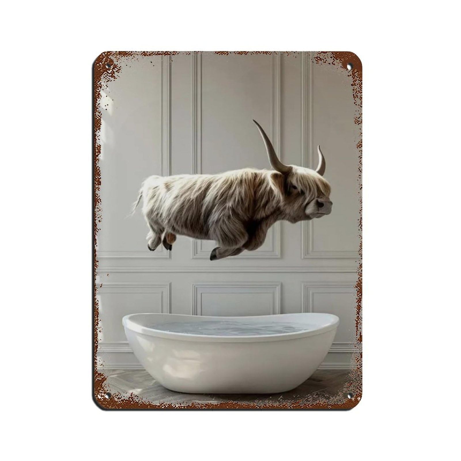 Highland Cow Jumping Into Bathtub Retro Poster Metal Tin Sign Chic Art Retro Iron Painting Bar People Cave Cafe Family Garage Poster Wall Decoration 12x16inch(30x40cm)