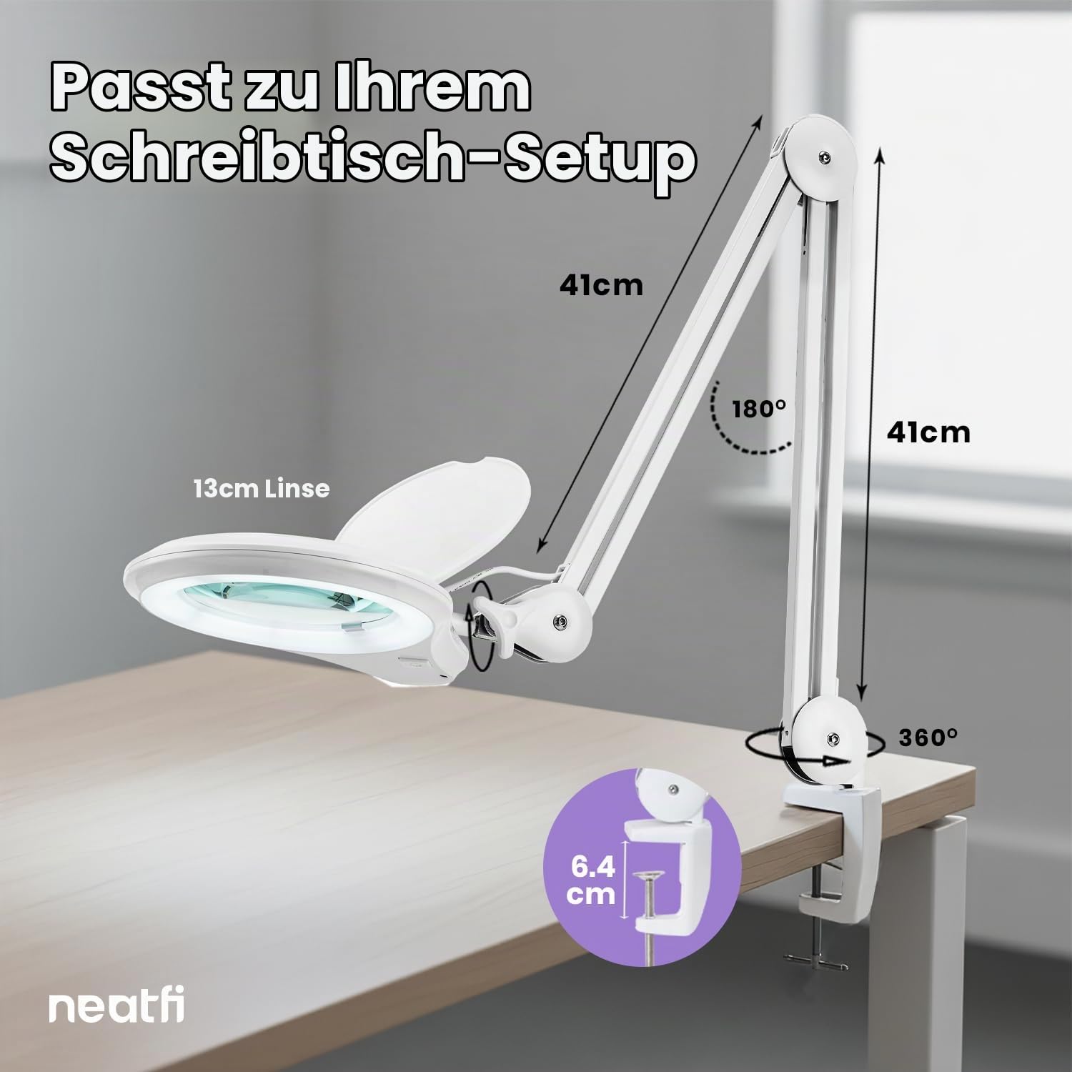 Neatfi LED-Lupenlampe mit Klemme, 1.200 Lumen – 12,7 cm 8-Dioptrien-Glaslinse, dimmbares Arbeitslicht | Verstellbarer Arm | Lesen, Nähen & Basteln (Weiß, 8 Dioptrien)