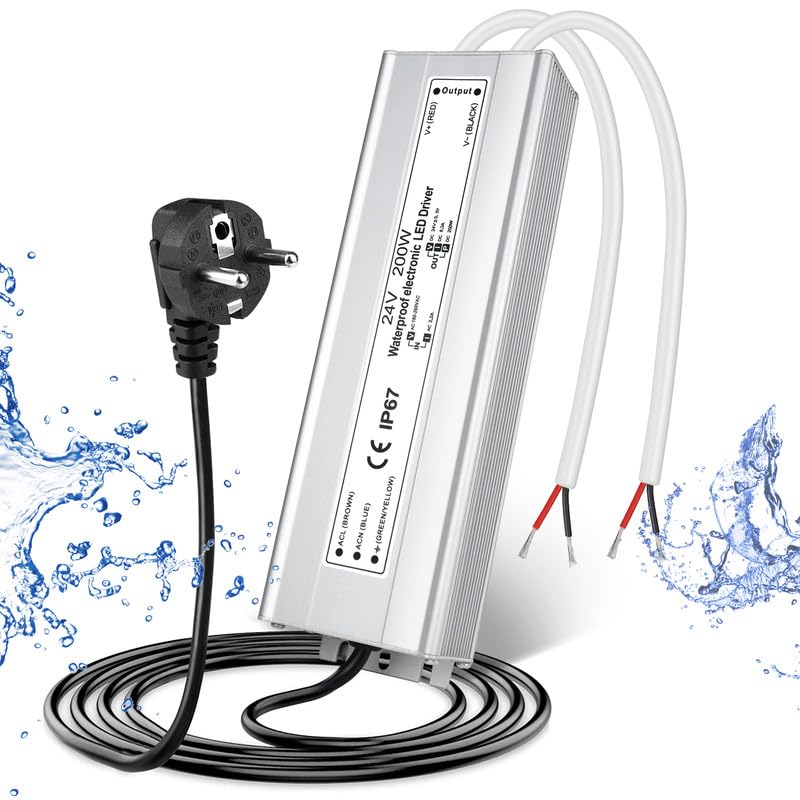 LED Trafo 24V 200W IP67, Outdoor Wasserdicht Transformator mit Stecker, Netzteil Treiber 230V auf DC 24 Volt Adapter, LED Driver Außen für LED-Streifen Lampen Strahler Lichtbänder