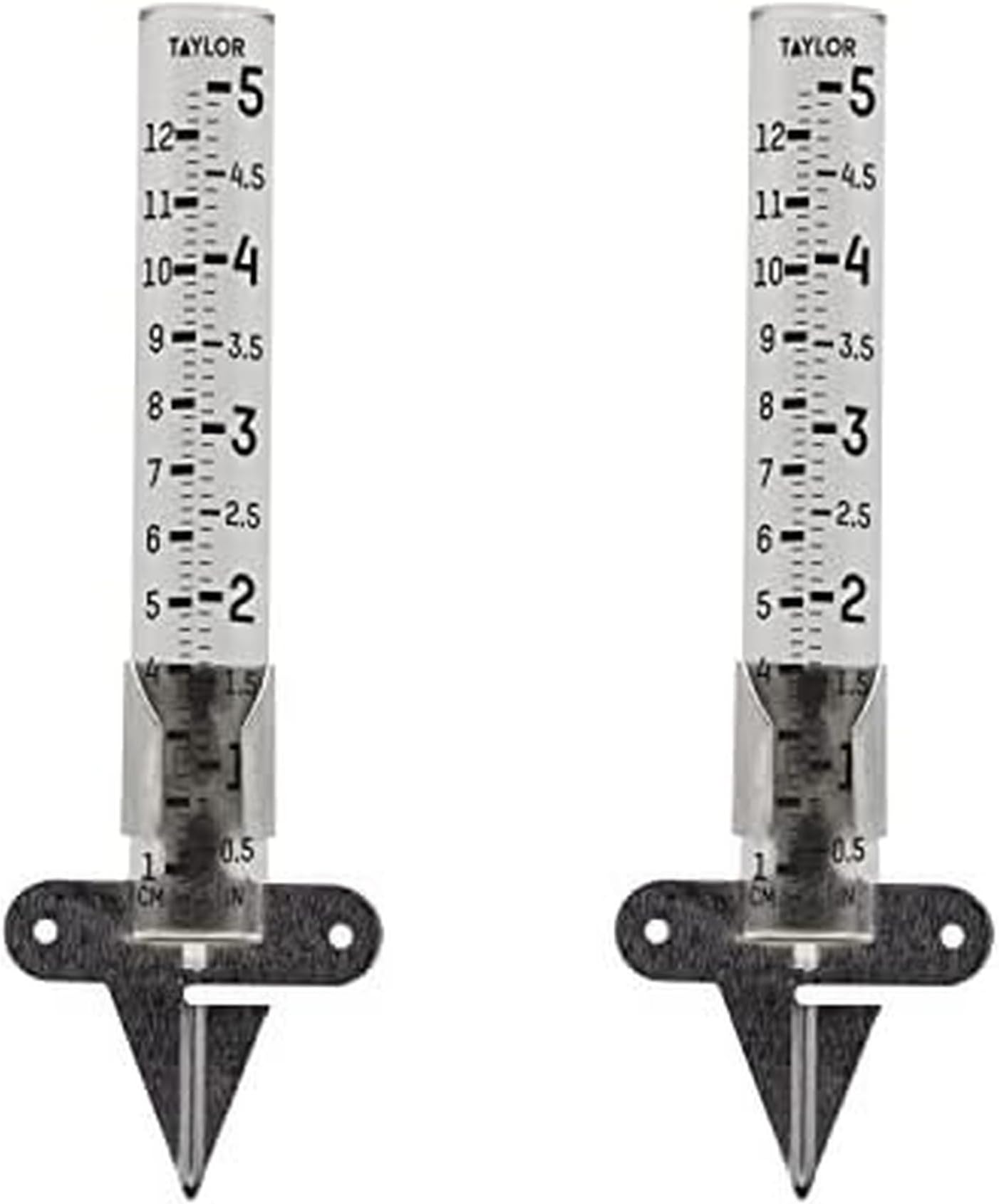 Rain Gauge Outdoor Glass 5 Inch Capacity - 2 Piece Set with Metal Ground Spike, Easy-Read Measurement Increments, Weather Resistant