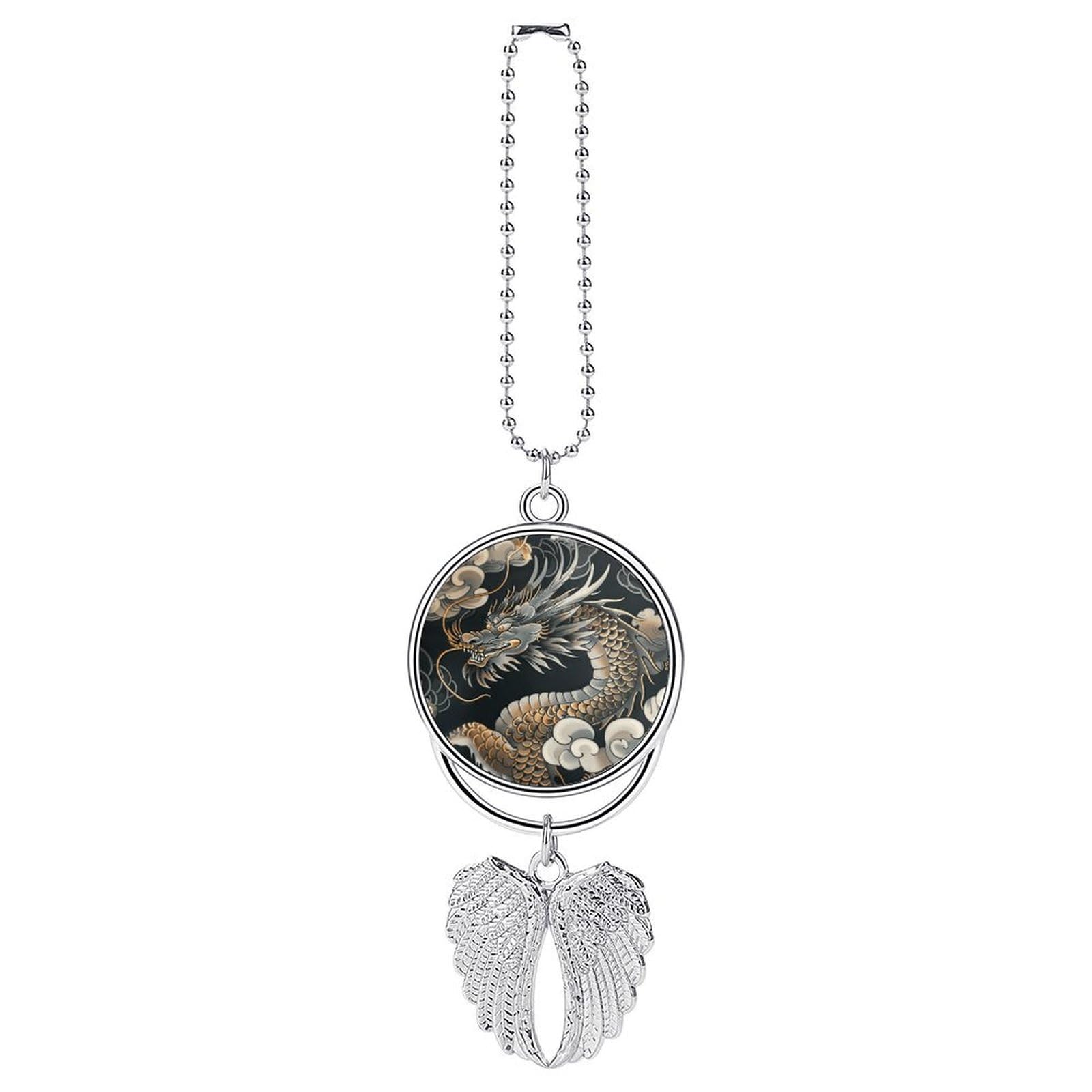 Black Oriental Dragon Car Pendant Car Rearview Mirror Pendant Custom Photo Car Hanging Ornament Car Rear View Mirror Hanging Accessories Angel Wing Car Charm Gift for Men Women