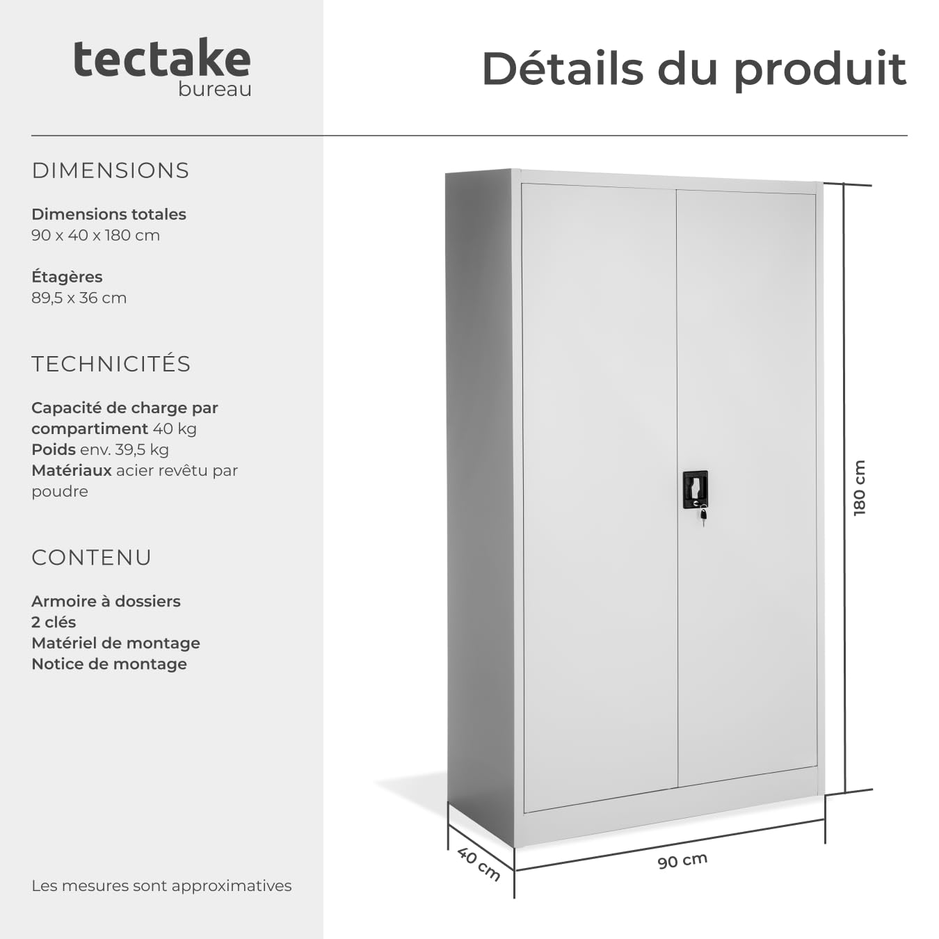 tectake Armoire de Bureau métallique 90 x 40 x 180 cm avec Serrure Rangement Bureau avec 5 Compartiments pour Classeur Rangement Documents Industriel Meuble 2 Portes, 4 Étagères Réglables en Hauteur