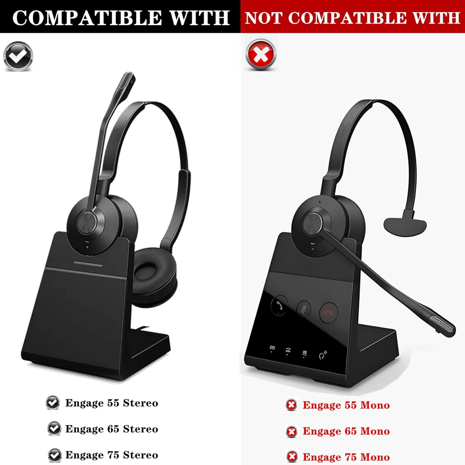 Jabra Engage 55/65/75ステレオバージョンのヘッドセットイヤーパッドの交換用。柔らかいプロテインレザーのクッション