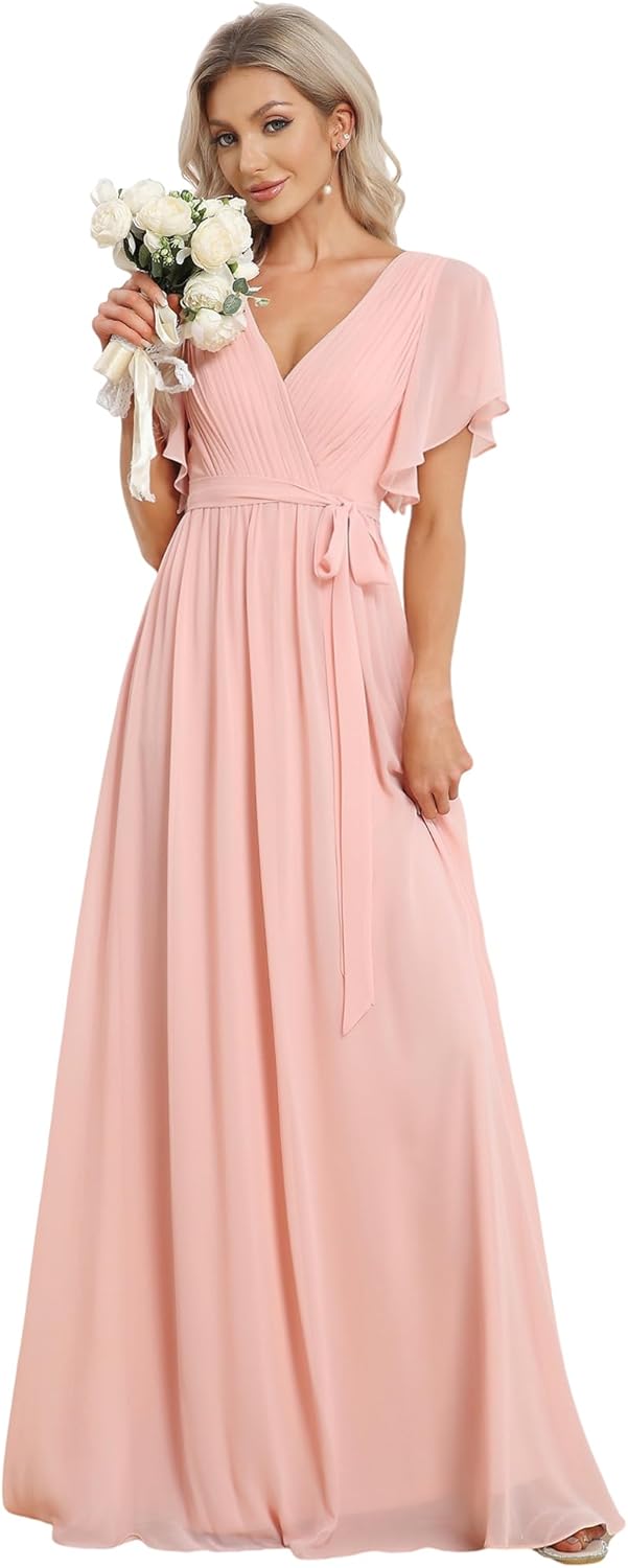Ever-Pretty Women's Bridesmaid Dress V-Neck Ruffle Sleeves Ruched Bust Floor Length Chiffon Formal Dresses 0164A