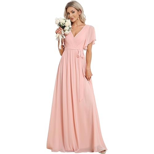 Ever-Pretty Women's Bridesmaid Dress V-Neck Ruffle Sleeves Ruched Bust Floor Length Chiffon Formal Dresses 0164A