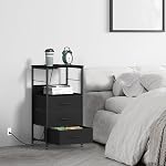 Table de chevet avec borne de recharge, grand stand de nuit avec tiroirs USB Ports et sorties Table de chevet noire avec tiroirs en tissu Table de côté avec rangement pour salon, chambre, bureau