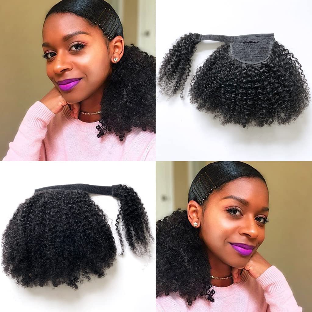 4C Natural Curly Ponytail Extension Clip in Hairpiece 12" Black Natural Human Hair Extension Wrap Around PonyTail for Black Women