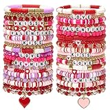 Shcsdr 40 Pcs Valentine's Day Bracelets Set, Clay Stretch Stackable Friendship Bracelet for Women, Love Heart Cute Pink Red Valentine's Day Bracelet for Jewelry