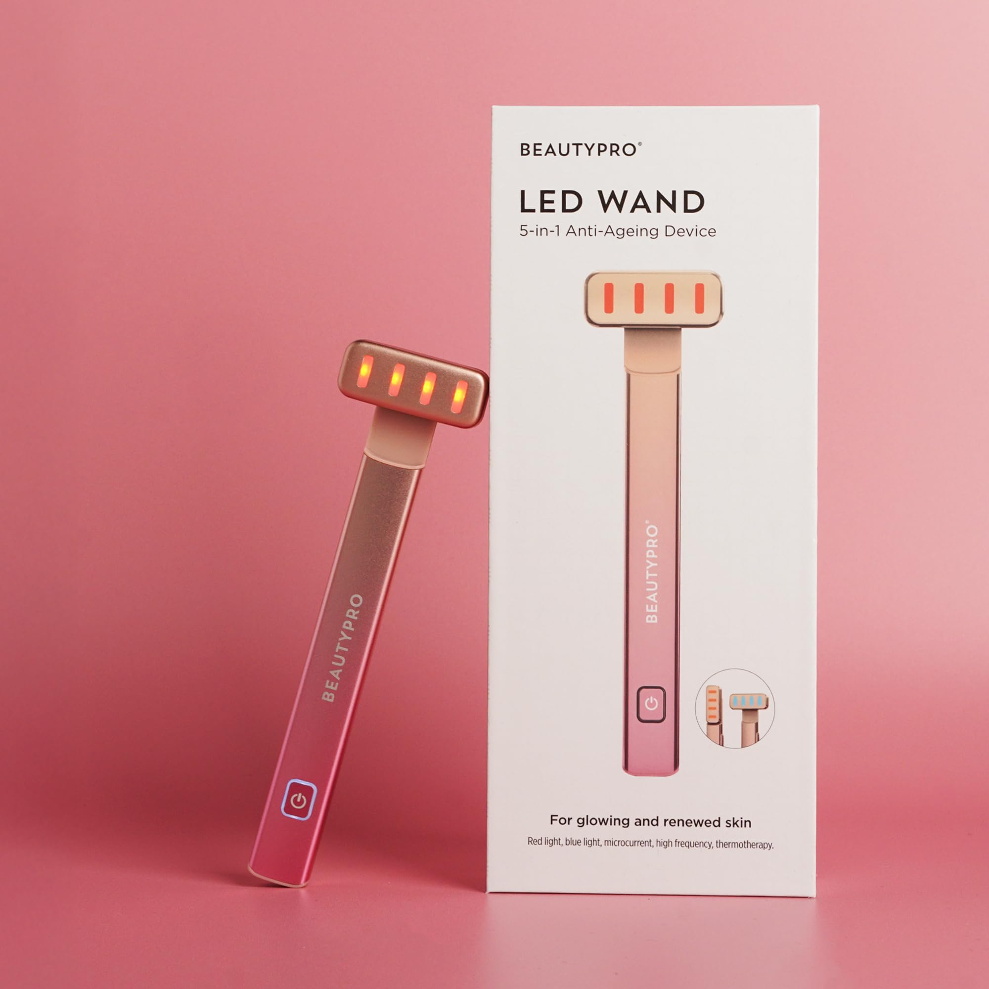 BEAUTYPRO Bacchetta LED 5 in 1 anti-età | Bacchetta per terapia con luce rossa e luce blu per viso e collo | Dispositivo facciale microcorrente EMS per anti-invecchiamento | Massaggiatore portatile |