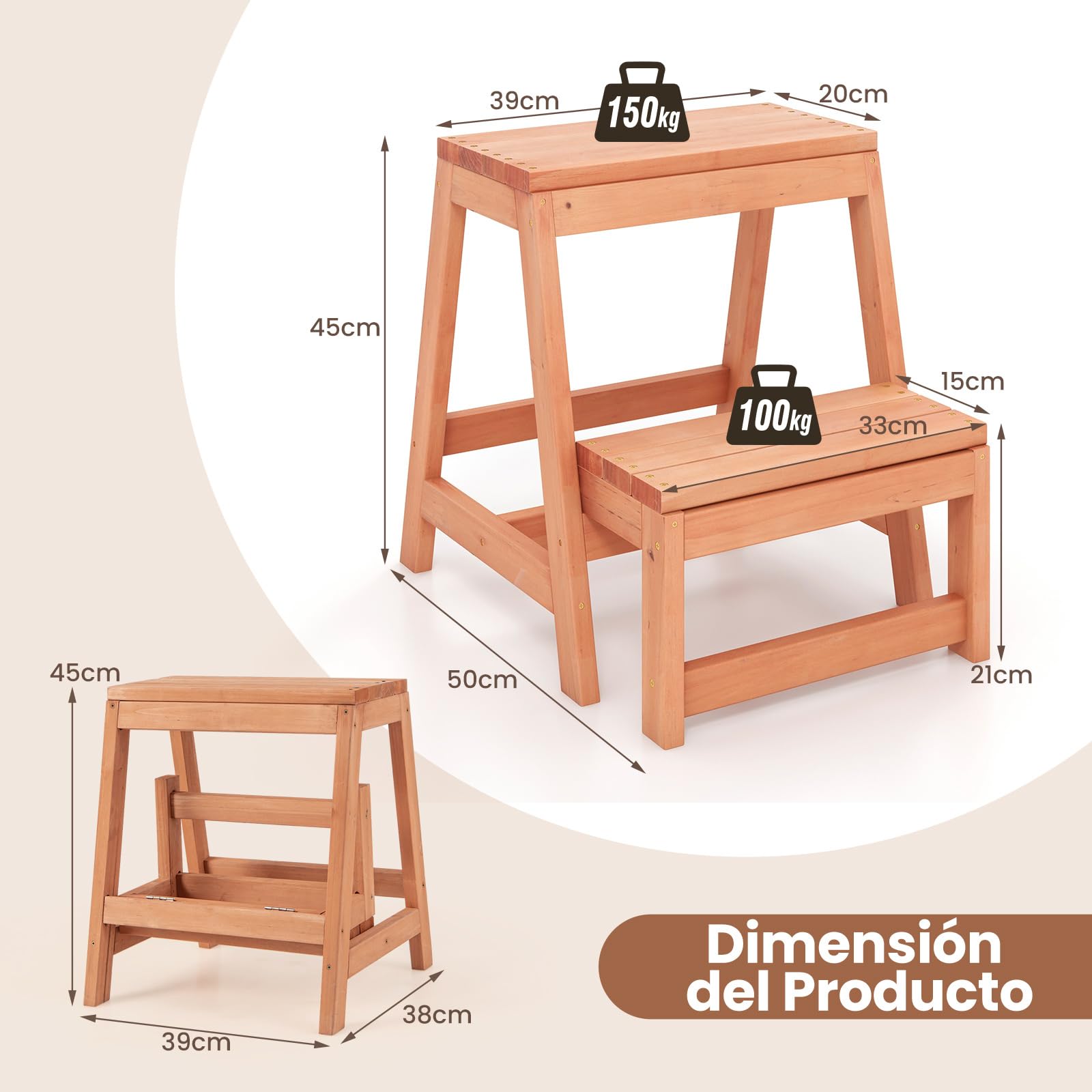 GIANTEX Taburete Escalera Plegable de Madera de Abeto, 2 Peldaños, 50 x 39 x 45 cm, Taburete Plegable Multifuncional, Carga 150 kg+100 kg, para Biblioteca, Cocina, Jardín, Almacén