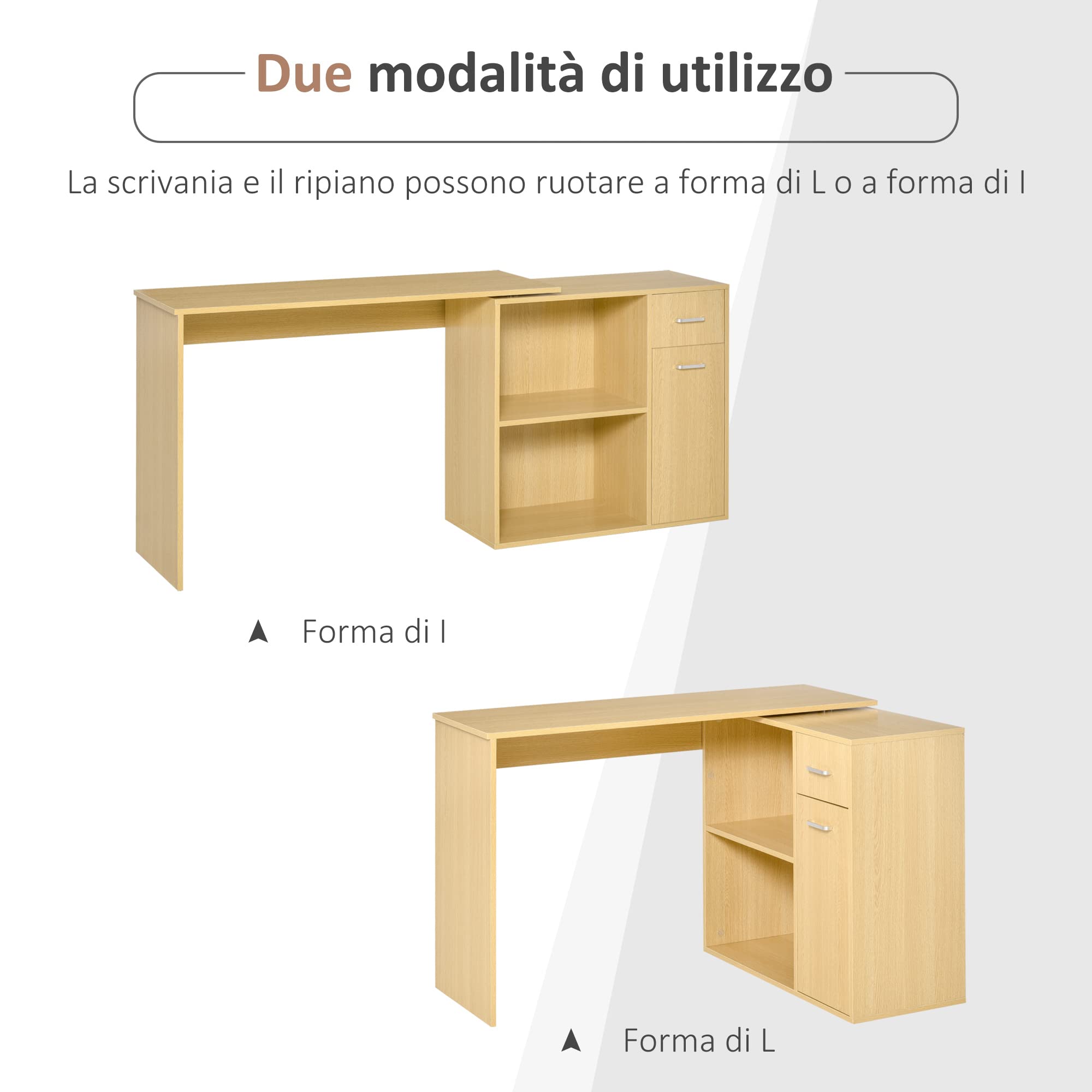 HOMCOM Scrivania Angolare per Studio 2 Cassetti 117x82x74cm Rovere Legno | per Ufficio, 2 Ripiani, Scrivania Moderna