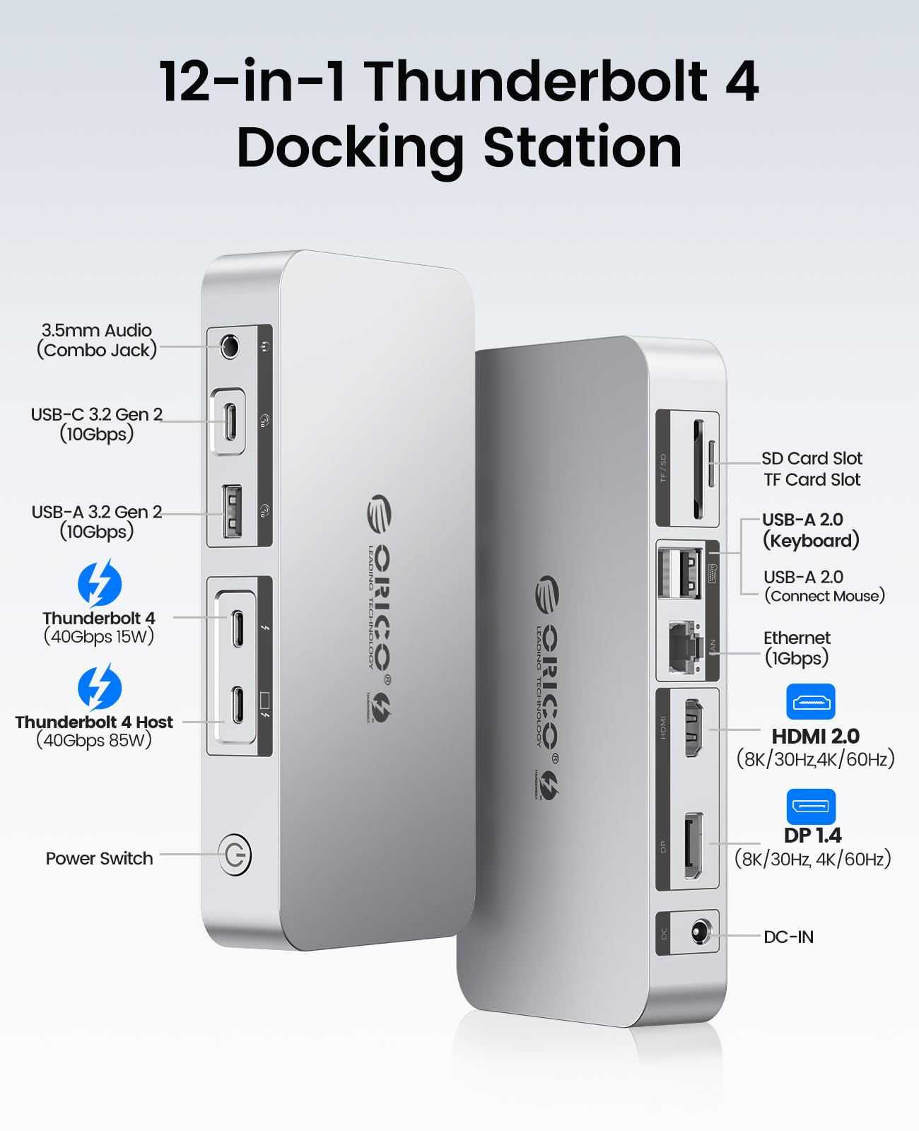 ORICO Thunderbolt 4 Dock 12-in-1 40Gbps Docking Station,85W+15W PD Laden, Dual 4K/Einzel 8K,4xUSB,Gigabit Ethernet, SD/TF, AUX, Thunderbolt Zertifiziert für M4 MacBook Air & Pro