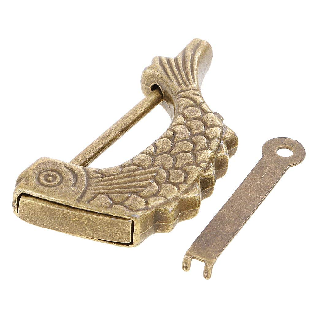 Old Chinese Padlock - Jewelry Box, Chest, Cabinets, Ancient Lock Novelty Trinkets Toy(Fish Shape Key)