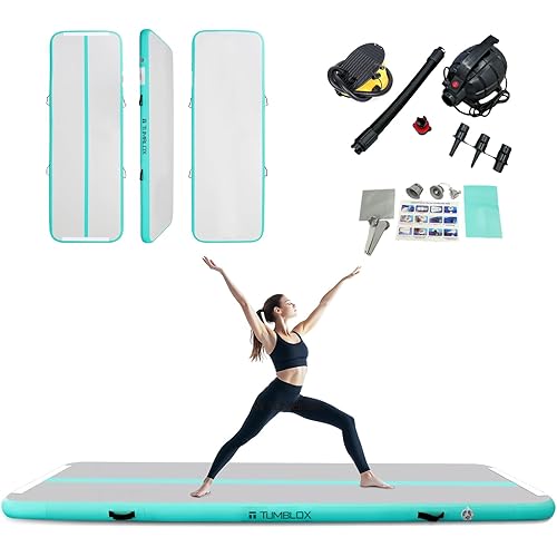 Gymnastics Mat Inflatable Air Track & Tumbling Mat – 4/8 Inches Thick with Electric Pump + Free Foot Pump – Ideal for Home, Gym, Water, and Beach Use