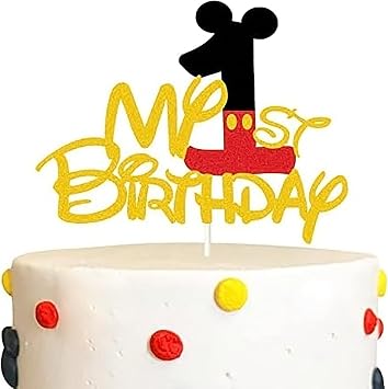 Gold Glitter My 1st Birthday Cake Topper,Mouse Theme Happy First Birthday Cake Decor,Cartoon One Year Old Party Decorations Supplies