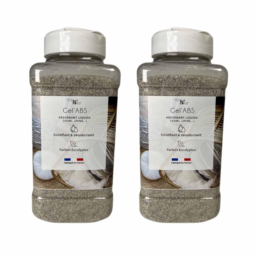 TECH N'FAST Poudre absorbante gelifiante eau vomi, urine, solidifiant et désodorisant - Parfum Eucalyptus - Idéal pour l'urine de chat et chien - Lot de 2 Bouteilles épandeuses 1L - GEL'ABS