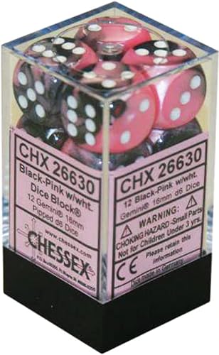 DND - Juego de dados Chessex D&D de 0.630 in, juego de dados poliédricos de plástico Géminis, color negro, rosa y blanco, dados de mazmorras y