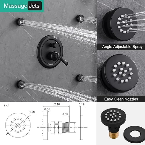 Miniatura 12 de Sistema de ducha antiguo de oro cepillado con chorros: Juegos de grifos de lluvia de 9 pulgadas Conjunto completo de cabezal de lluvia de pared