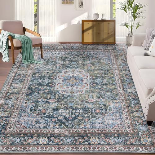 Taleta KALU Washable Rugs Living Room Large Blue Green Non Slip Vintage Oriental Area Rug Soft Short Pile Carpet for Kitchen Dining Room Bedroom (Blue Green, 190 x 280 cm)