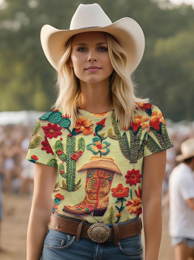 Boho Western Cowgirl Shirts for Women: Vintage Western Rodeo Graphic Tee Cowgirl 3D Digital Printing Short Sleeve Tops - Image 5