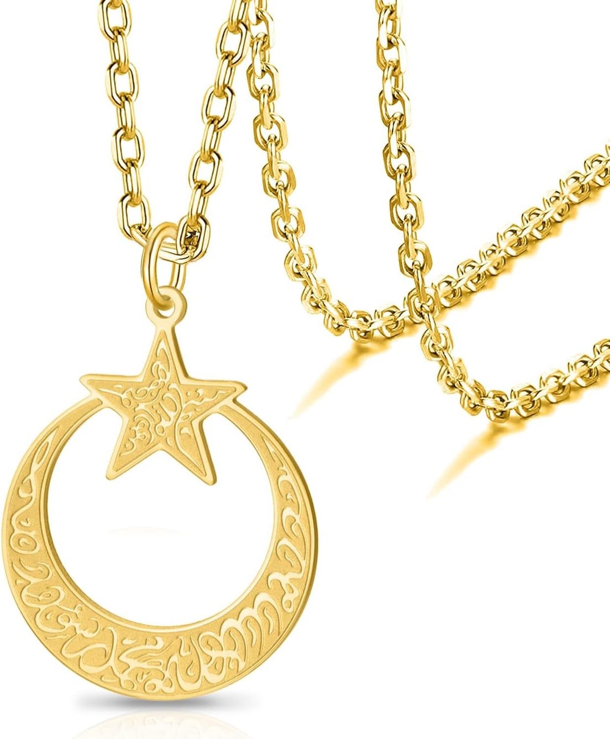 XIUNYIE Ayatul Kursi Calligraphy Crescent Moon Star Pendant Necklace Stainless Steel Islamic Quran Muslim Jewelry Allah Men Women Eid Ramadan Gift, Gold