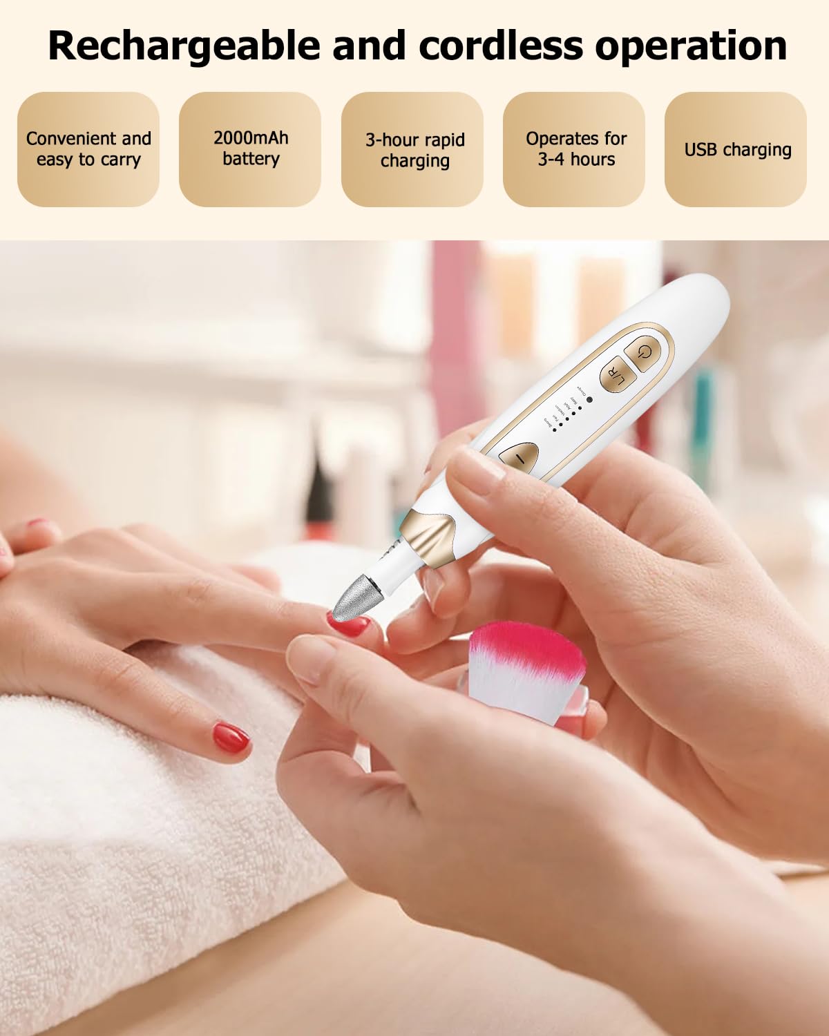 Maniküre/Pediküre Set, Nagelfräser, Elektrische Nagelfeile mit 6 Aufsätzen, 20 Sandringe, 5 Geschwindigkeitsstufen und LED Licht Weiß