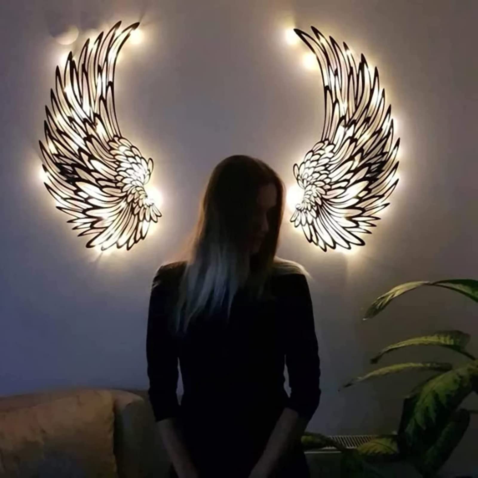 1 Pair Glowing Angel Wings Wall Art - 3D Vintage Wings Wall Sculpture - Home Wall Ornament for Bedroom & Living Room, 35cm