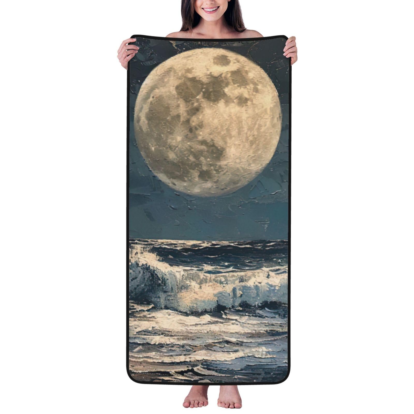 Tamiger Moon And Sea Print Unisex Coral Velvet Bath Towel For Home Bathroom Hotel Spa Beach Travel Daily Use