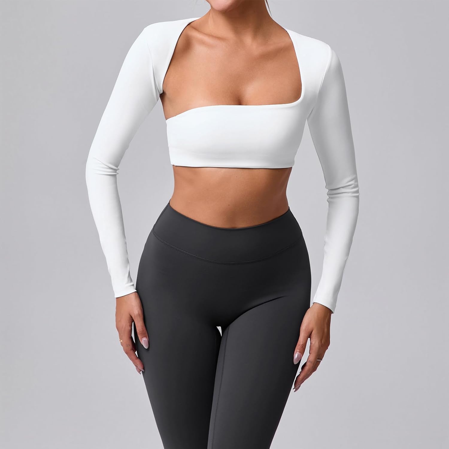 ABOCIW Womens Square Neck Long Sleeve Workout Crop Tops with Built in Bra Slim Fit Cutout Back Gym Yoga Athletic Shirts - Image 3