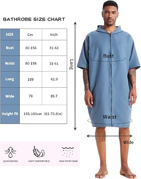 PISIQI Surf Poncho Changing Robe with Hood Absorbent Quick Dry Microfiber Wetsuit Zipper Towel for Beach Surfing Men Women