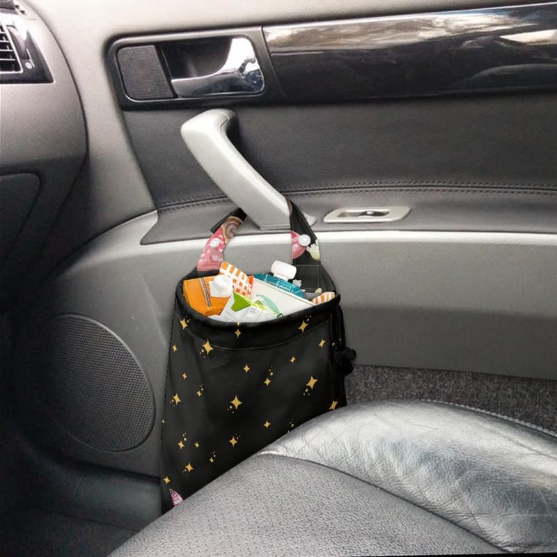 Image of Mushroom Car Garbage Bag Hanging, Cartoon Butterfly Daisy Foldable Auto Trash Bag with Adjust Handle, Yellow Star for Stable, Seatback Use