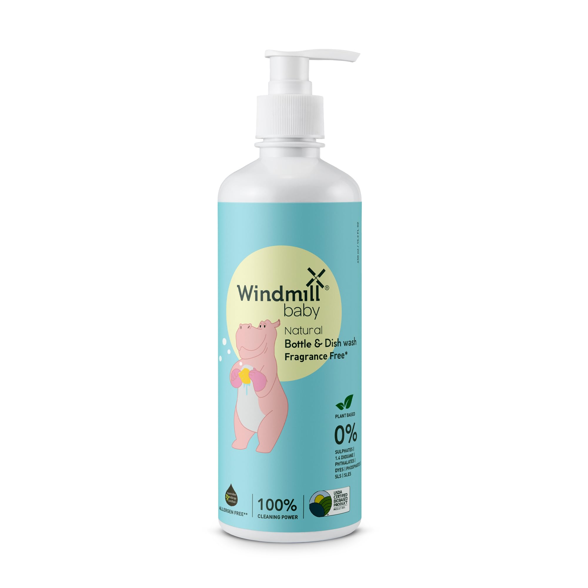 Windmill baby Natural Bottle Cleaning Liquid, Fragrance Free, USDA Certified, No Anti-Bacterial Chemicals, for Feeding Bottles, Accessories, Pump Parts and more - 450ml