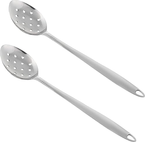 Cuchara de cocina grande de metal con agujeros, paquete de 2, cuchara ranurada de acero inoxidable, cuchara de metal perforada con mango largo