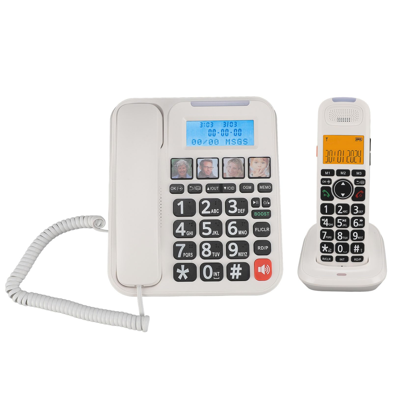 Telefono Cordless per Anziani con Filo, Segreteria Telefonica, Blocco Chiamate, Selezione Fotografica, Suoneria Forte, Chiamata in Vivavoce, Chiamata a 3 Vie, Guida (Spina europea)
