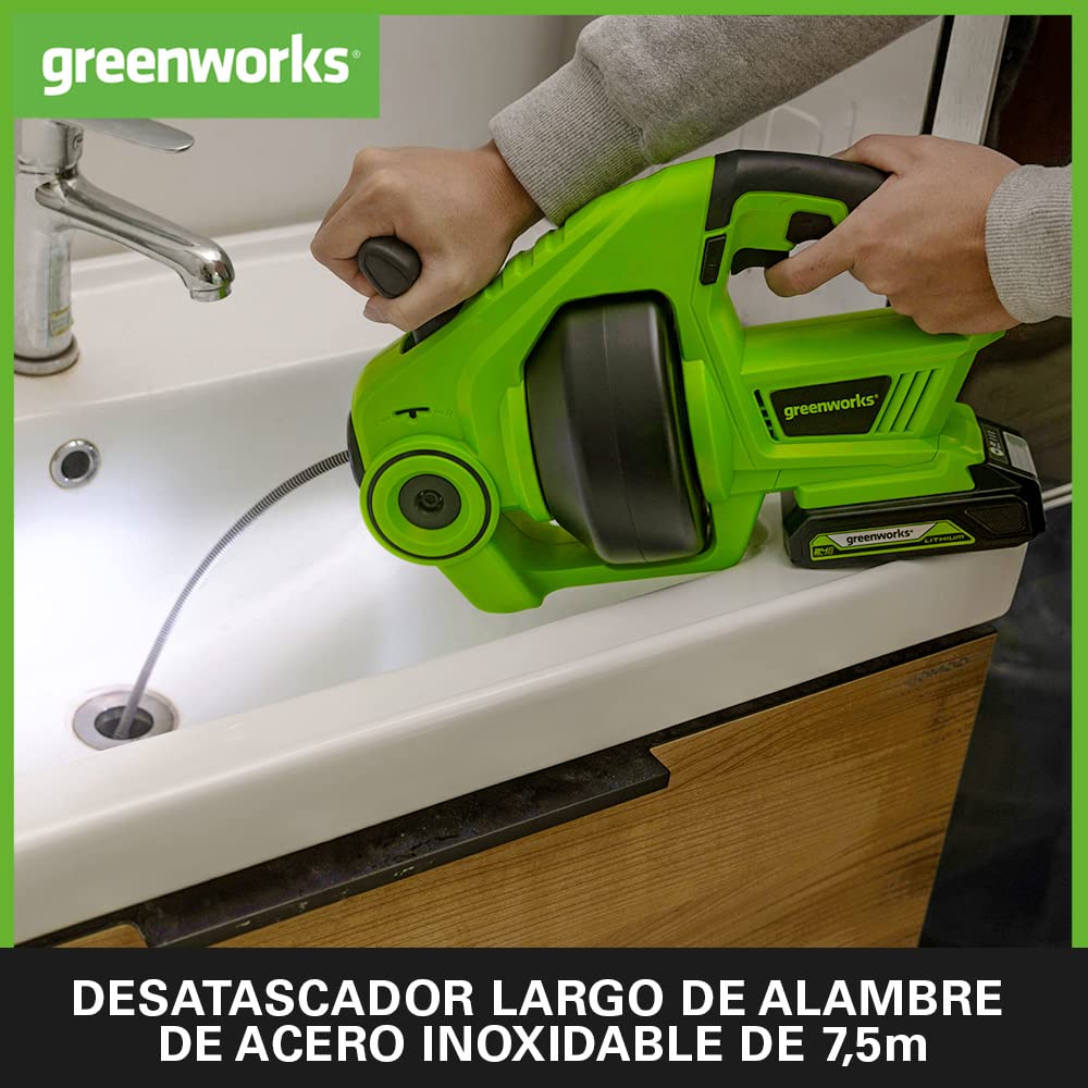 Greenworks G24DA Desatascador eléctrico Inalámbrico 550 rpm, Diámetro de la Tubería 2.5-5cm, Desatascador de Acero Inoxidable de 7.5m SIN Batería de 24V y Cargador, Garantía de 3 Años
