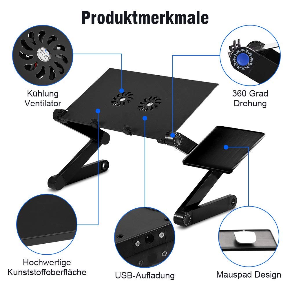 Greensen Laptopständer Aluminium Laptoptisch Klappbar Betttisch Laptop Ständer Höhenverstellbar Notebooktisch Ergonomischer Laptophalterung mit Belüftungsbasis und Maushalterung, Schwarz
