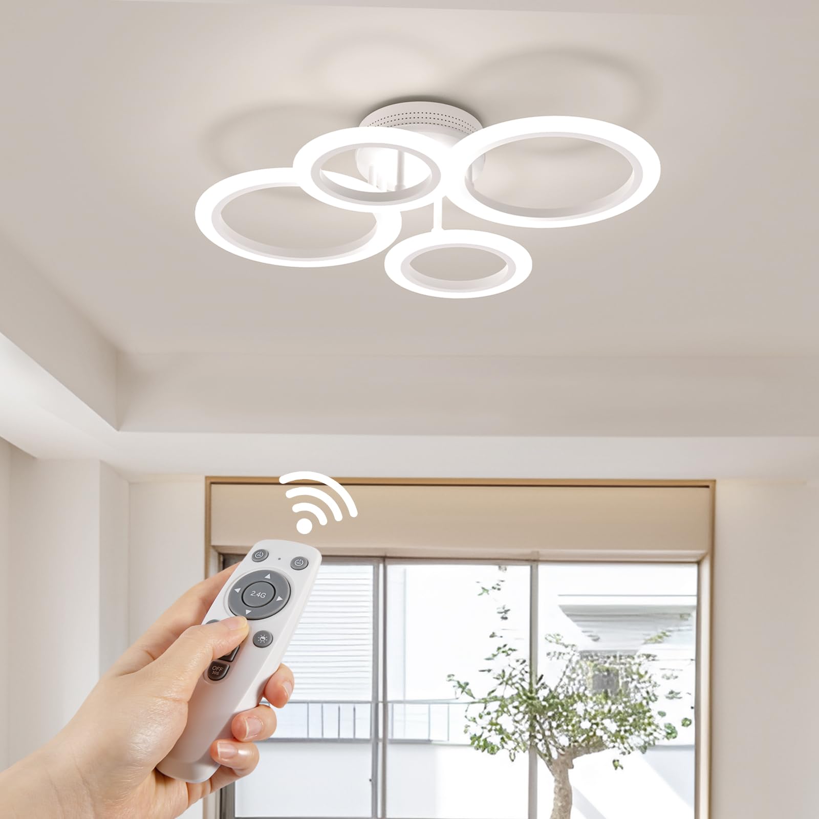 RUYI Modern LED Ceiling Light, Arylic 4 Ring 48W Chandeliers Ceiling Light with Remote Control,Ceiling Lighting for Living Room, Bathroom, Bedroom, Kitchen, Hallway, Dinning Room, Dimmable 2800-7000K