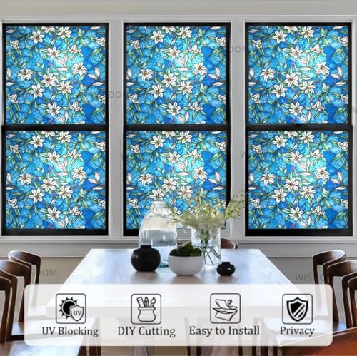Image of WISDOM Premium Frosted Glass Window Film Self Adhesive Decorative Glass Window Privacy Sheet Film UV Control Removable Vinyl Privacy Film (Blue Lilly Orchid Flower, 12x36 Inch)