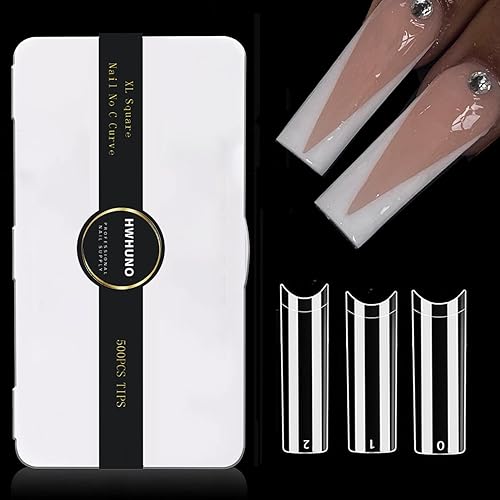 HWHUNO 500 uñas postizas sin curva C XL, largas y rectas cuadradas, planas, media cubierta, uñas artificiales, puntas de uñas postizas cuadradas de