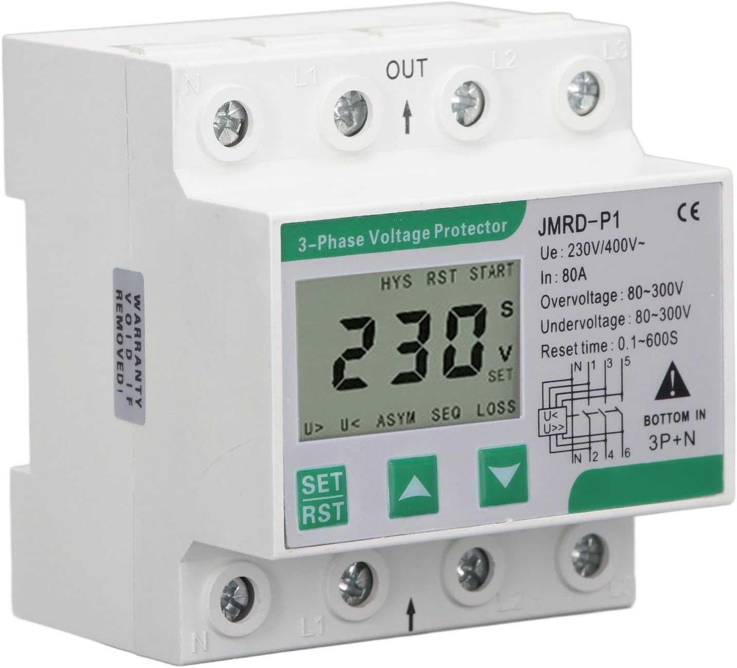 Surge Protection Automatic Resetting DIN Rail Mount 3 Phase 4 Wire Voltage Protector Self Recovery Over Under Voltage Protective Device AC230 400V 80A