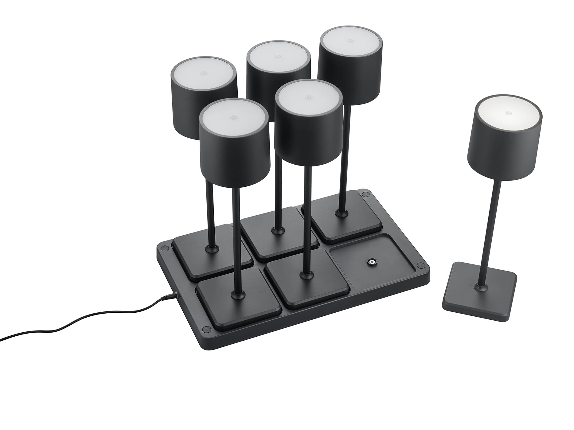 6er Set LED Tischlampe Fernando, Akku Design Tischleuchte (inkl. 6er Ladestation), Indoor & Oudoor IP54, per Touch stufenlos dimmbar, 13 x 38 cm, Kunststoff, 1W, schwarz matt
