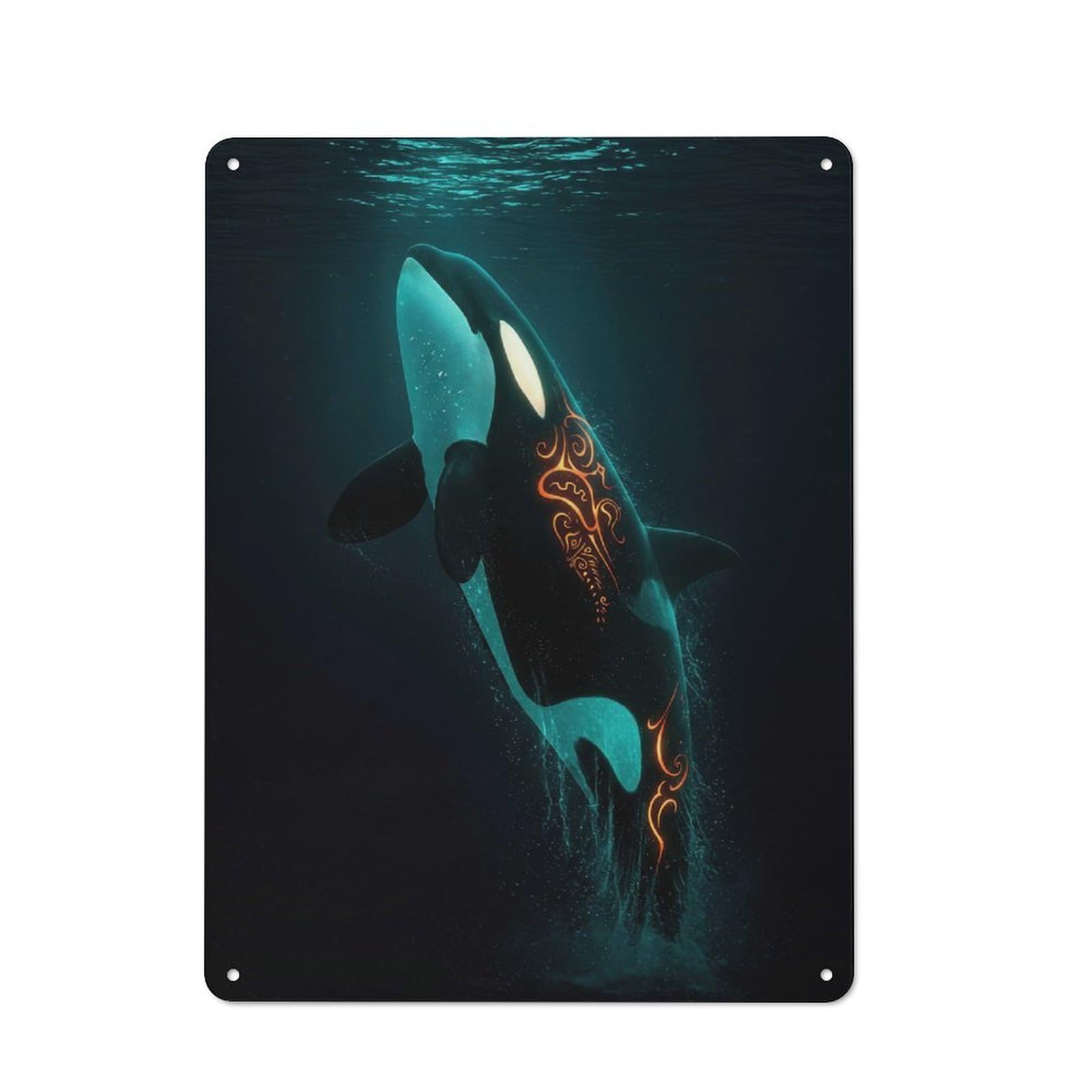 Junmoney Orca With Tribal Markings In Deep Sea Tin Wall Plaque 40X30cm With For Guest Room Or Hallway, For Hallway Wall Decor Fans