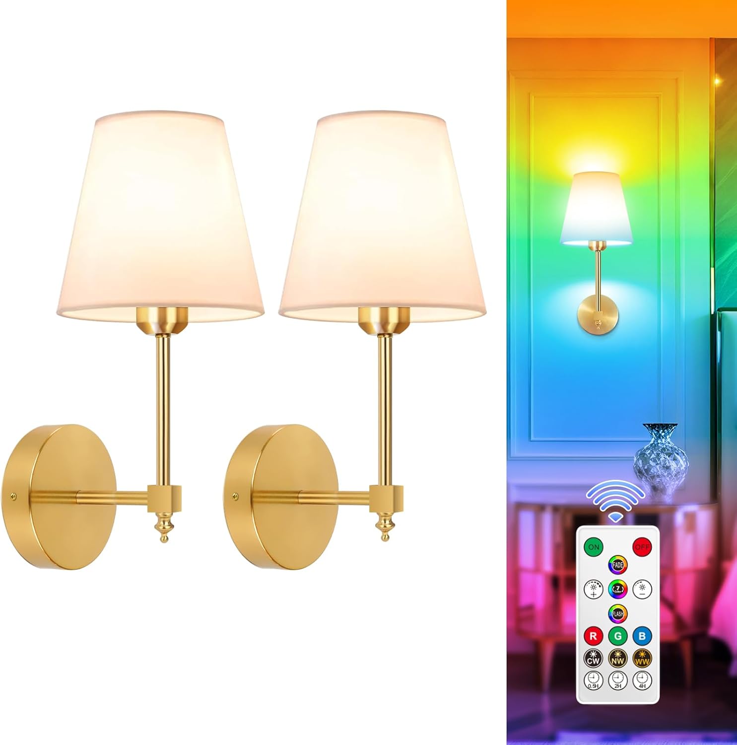 Adetu Battery Operated Wall Sconce Set of 2, 5CCT Black Rechargeable Wall Light with Remote, 10 Dimmable Colors Wireless Wall Lamps for Bedroom Living Room Hallway Decor