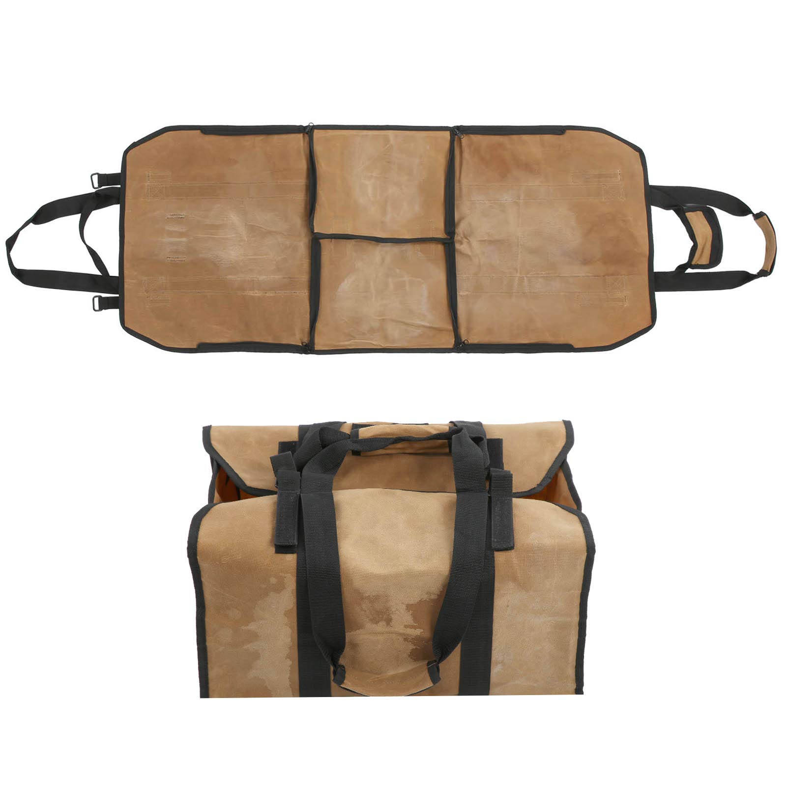 Borsa porta legna da ardere in tela impermeabile di grande capacità a doppio scopo color kaki per il campeggio